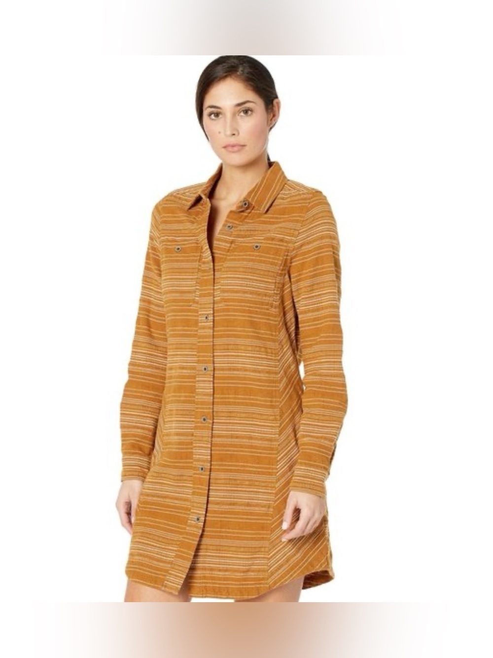 Prana Dyri Button Front Long Sleeve Striped Button-Front Shirt Dress Mustard XS